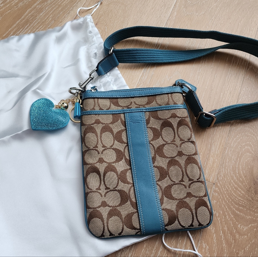 EUC Coach Signature Canvas Leather Swingpack Crossbody Bag in tan and blue/teal
